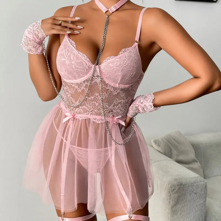 Velisse Sheer Lace Babydoll Garter Set
