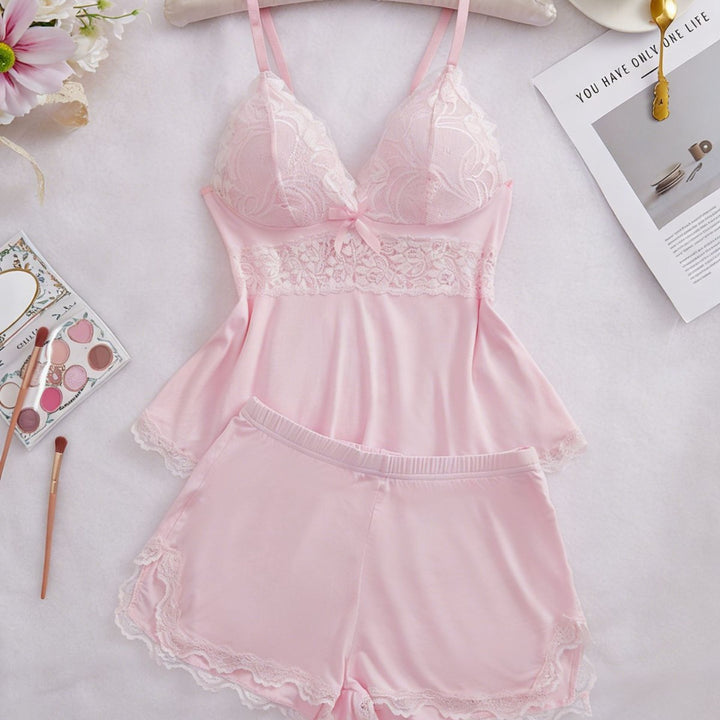 Veloura Satin Lace Cami &amp; Ruffle Shorts Set