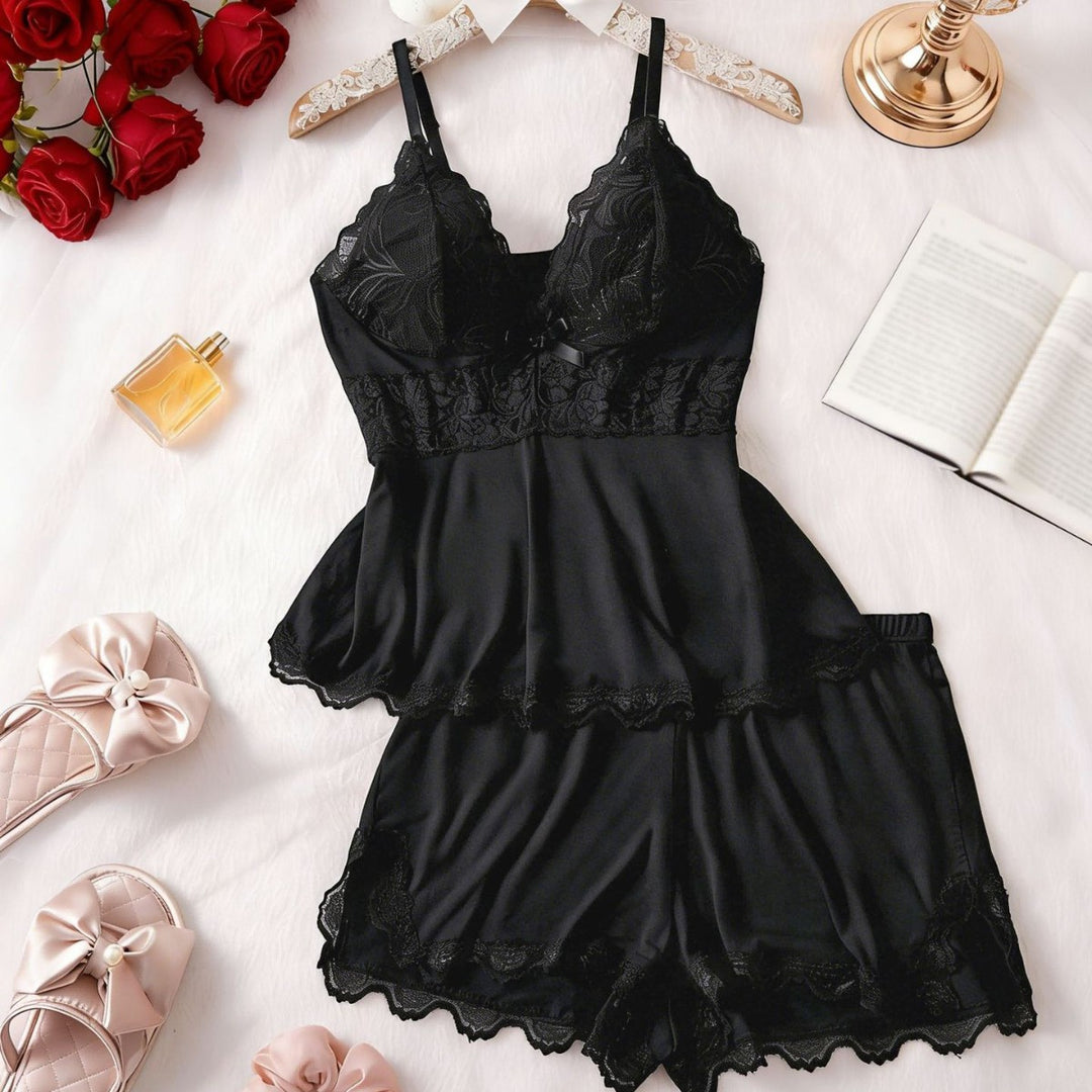 Veloura Satin Lace Cami &amp; Ruffle Shorts Set