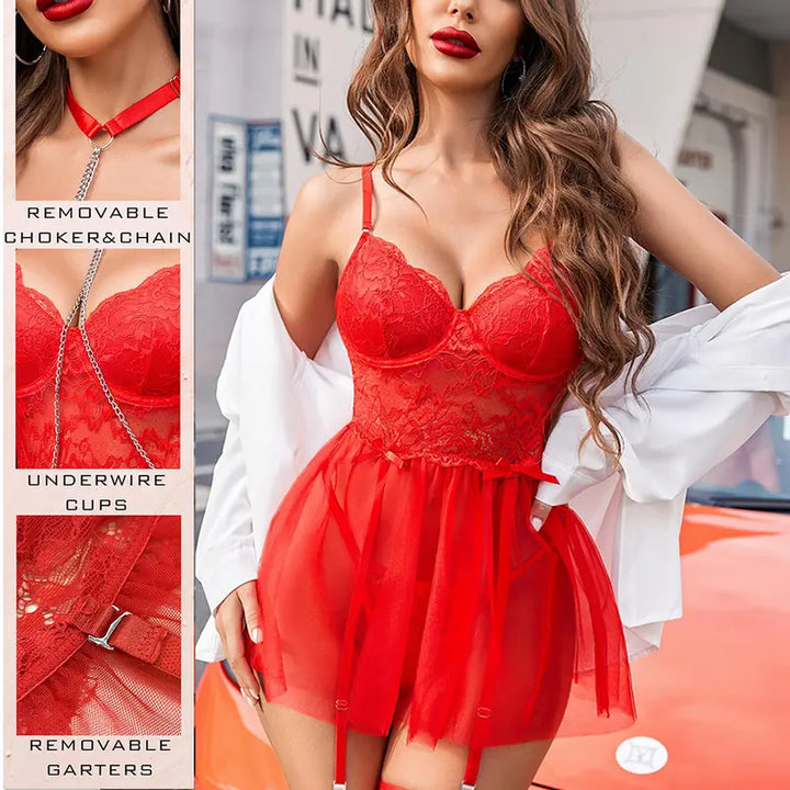 Velisse Sheer Lace Babydoll Garter Set