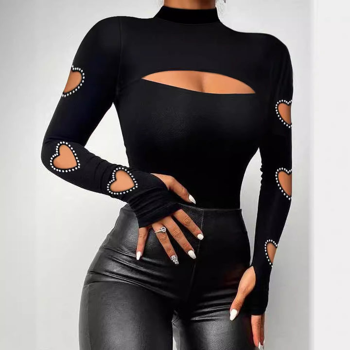 Virelia Rhinestone Cutout Long-Sleeve Top