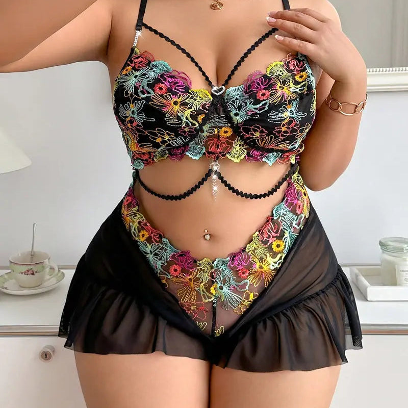 Flora Noir Embroidered Babydoll Set