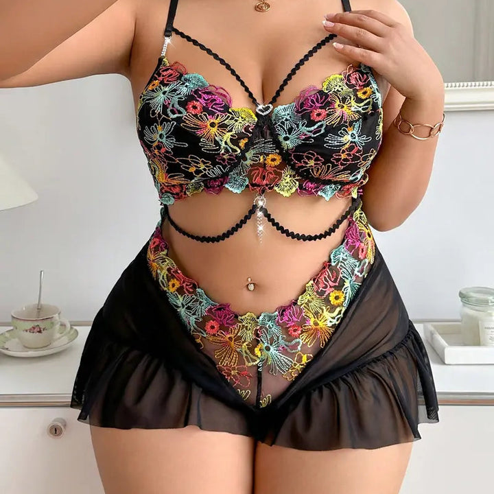 Flora Noir Embroidered Babydoll Set