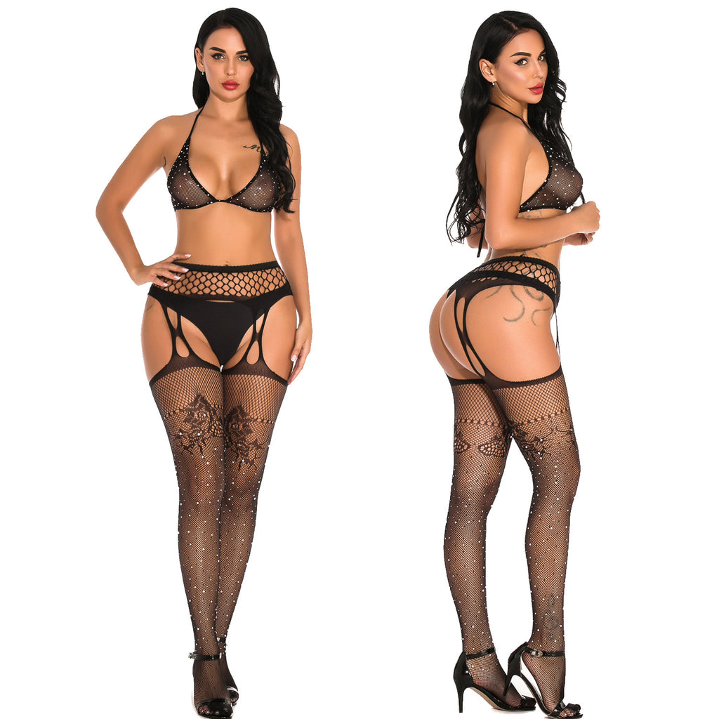 Black Lace Open Crotch Garter Tights