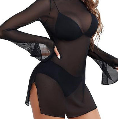 Noctelle Sheer Mesh Bell-Sleeve Cover-Up