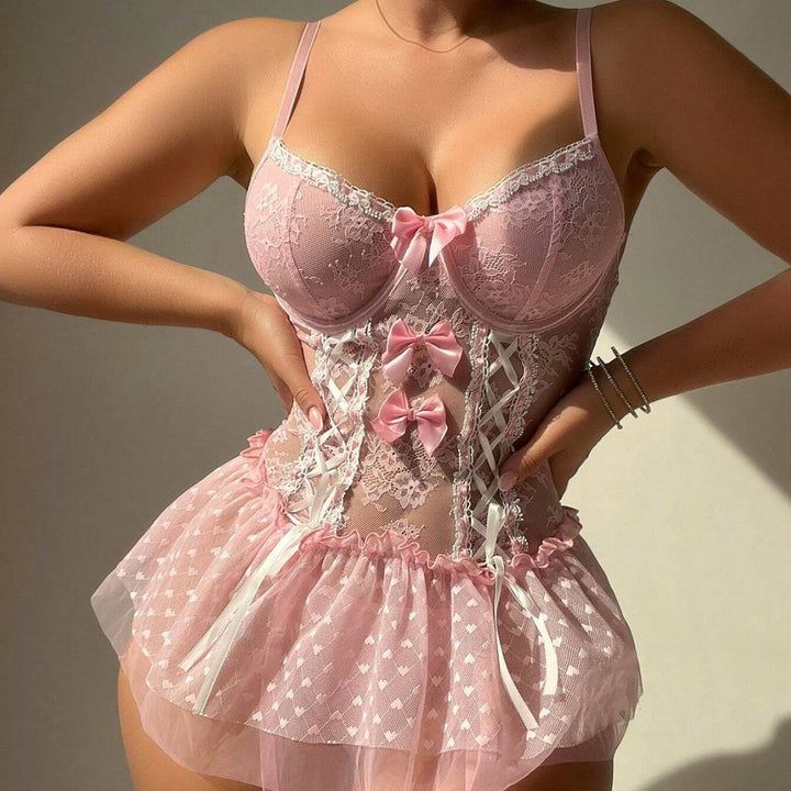 Ribbon Bloom Lace Corset Mini Dress