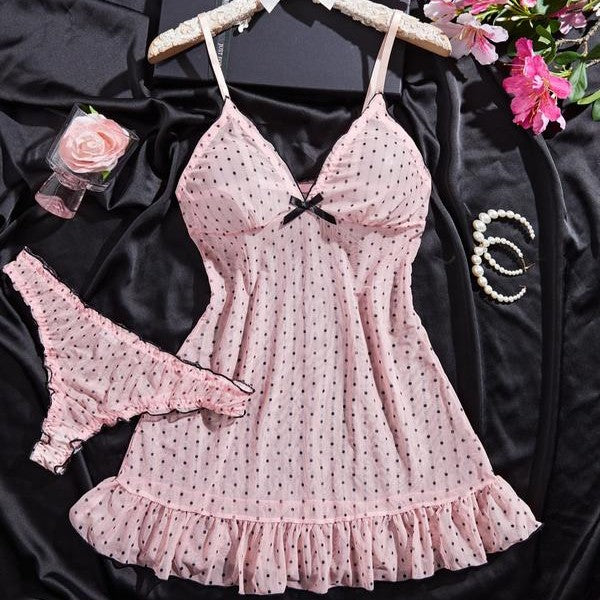 Lunaria Dotted Mesh Ruffle Babydoll Set
