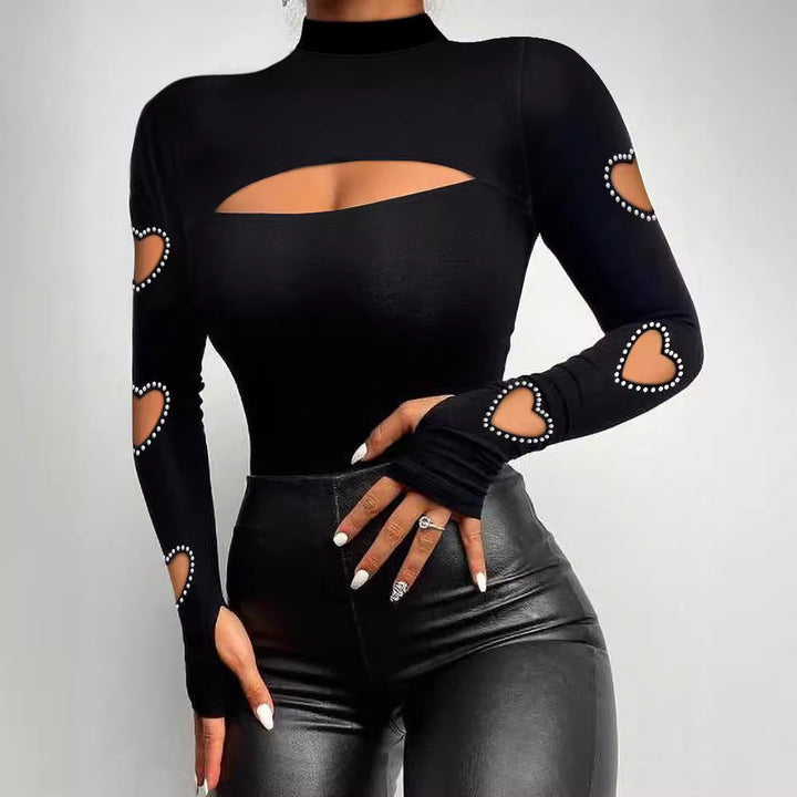 Virelia Rhinestone Cutout Long-Sleeve Top