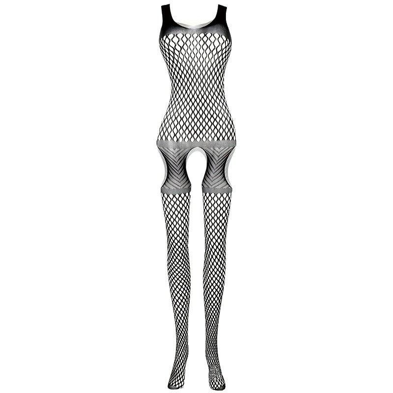 Black Geometric Fishnet Open Crotch Bodystocking