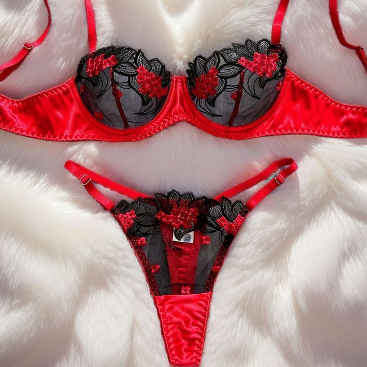 Crimson Bloom Embroidered Underwire Lingerie Set