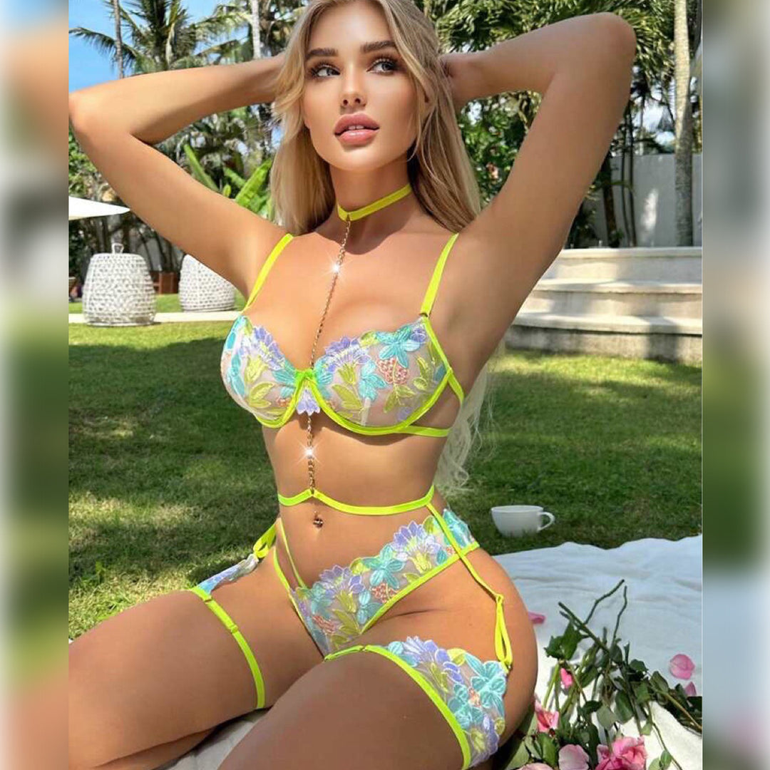 Neon Bloom Strappy Lingerie Set