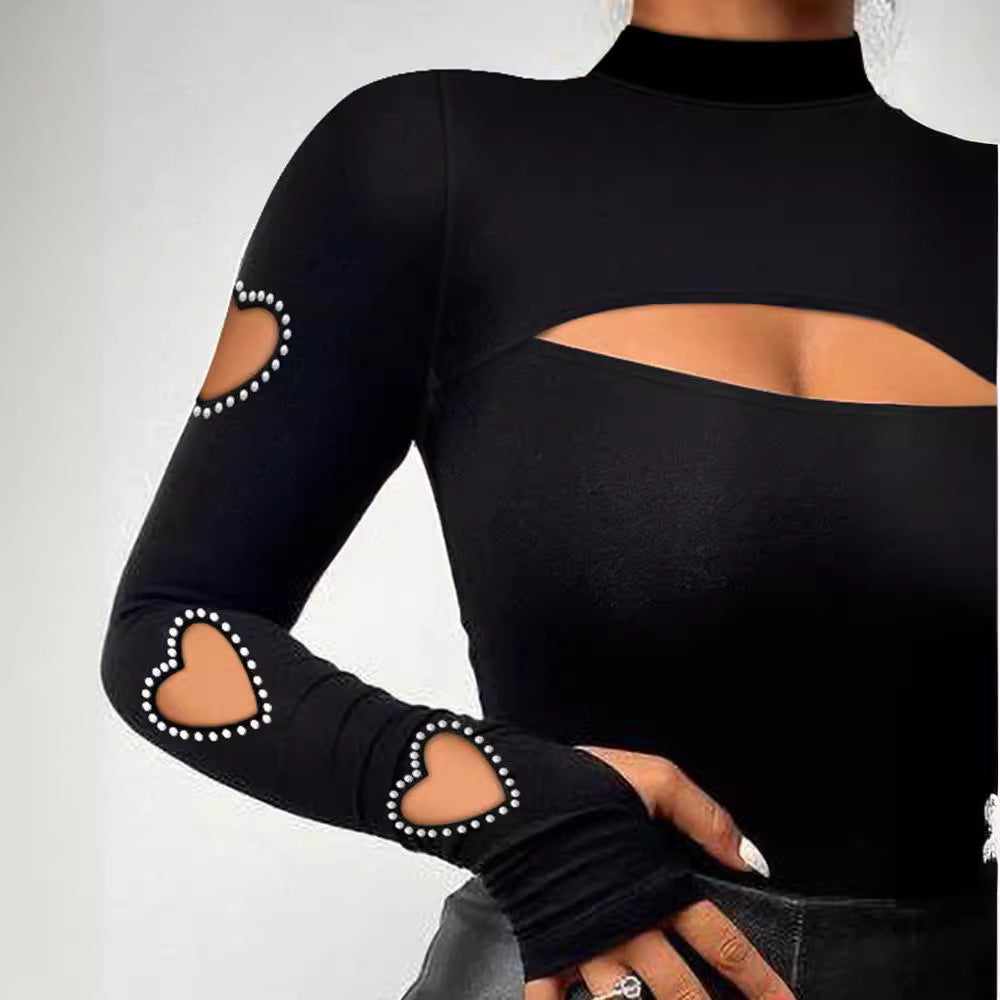 Virelia Rhinestone Cutout Long-Sleeve Top