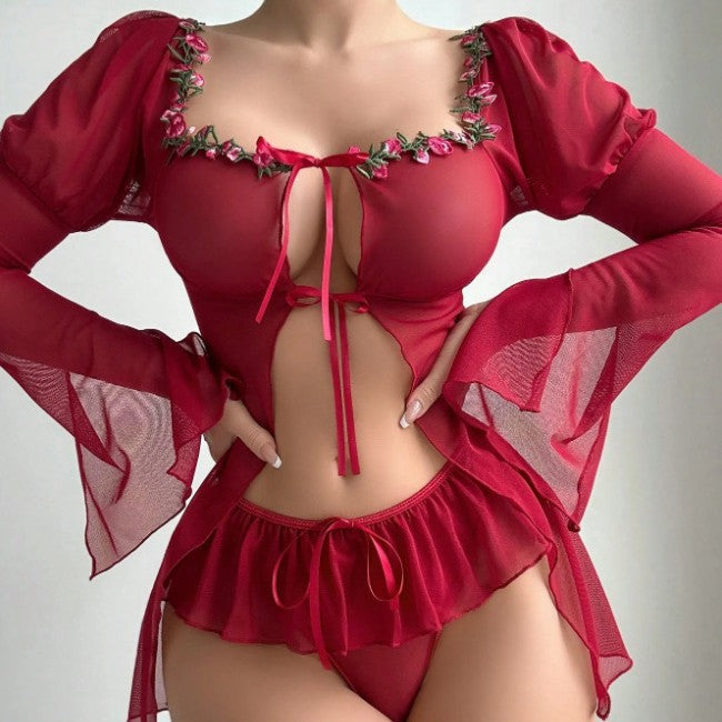 Rosette Tie-Front Ruffle Lingerie Set
