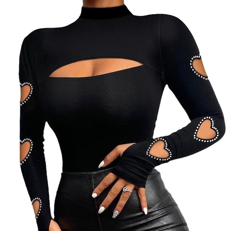 Virelia Rhinestone Cutout Long-Sleeve Top