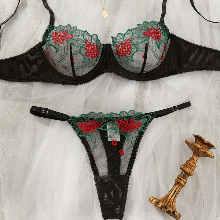 Crimson Bloom Embroidered Underwire Lingerie Set