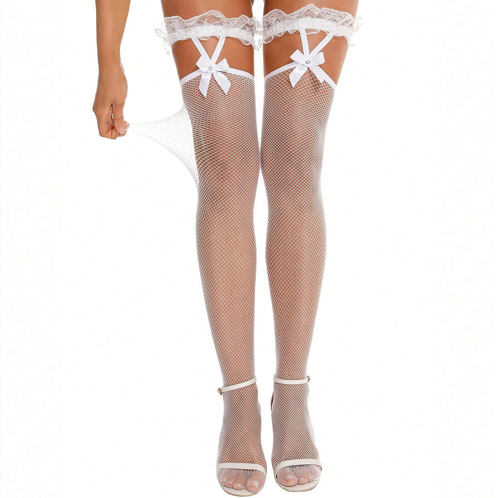 Black Lace Trim Fishnet Thigh High Stockings