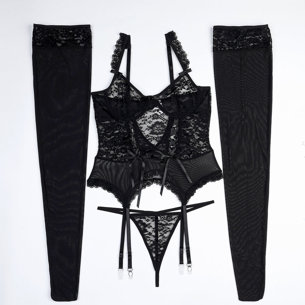 Sheer Floral Lace Lingerie with Corset Lace-Up Design