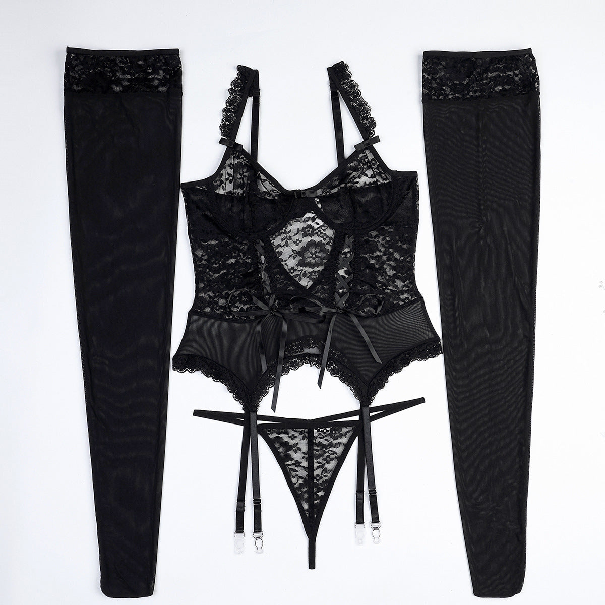 Sheer Floral Lace Lingerie with Corset Lace-Up Design