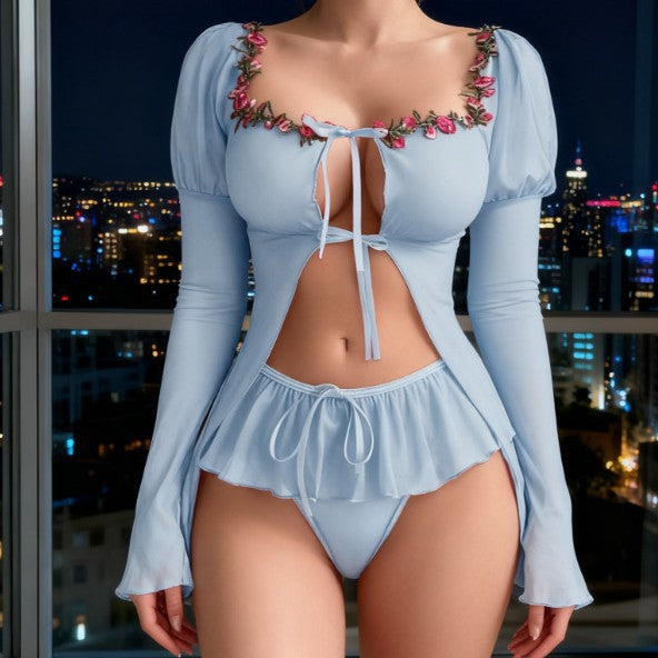 Rosette Tie-Front Ruffle Lingerie Set