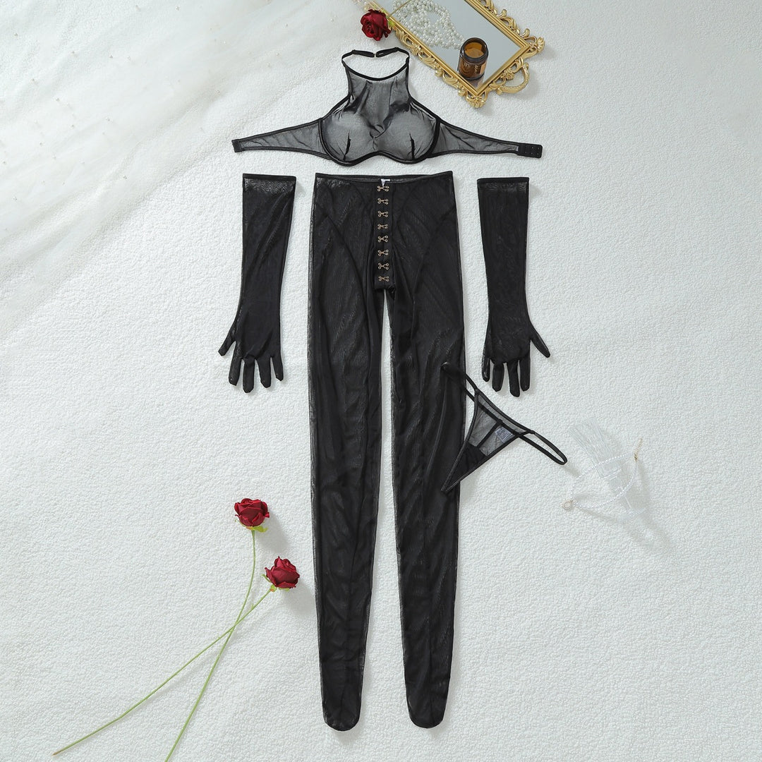 Shadow Line Mesh Garter Bodysuit Set