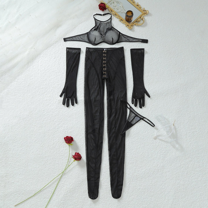 Shadow Line Mesh Garter Bodysuit Set